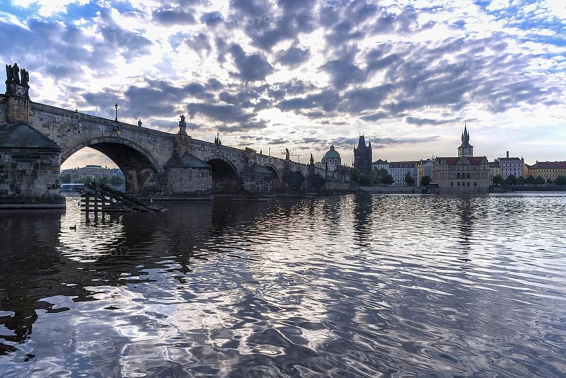 Vltava and Charles Bridge, Old Town Bridge Tower, Bedrich Smetana Museum in the former waterworks, behind the Old Town Water Tower, Prague, Bohemia, Czech Republic, Europe