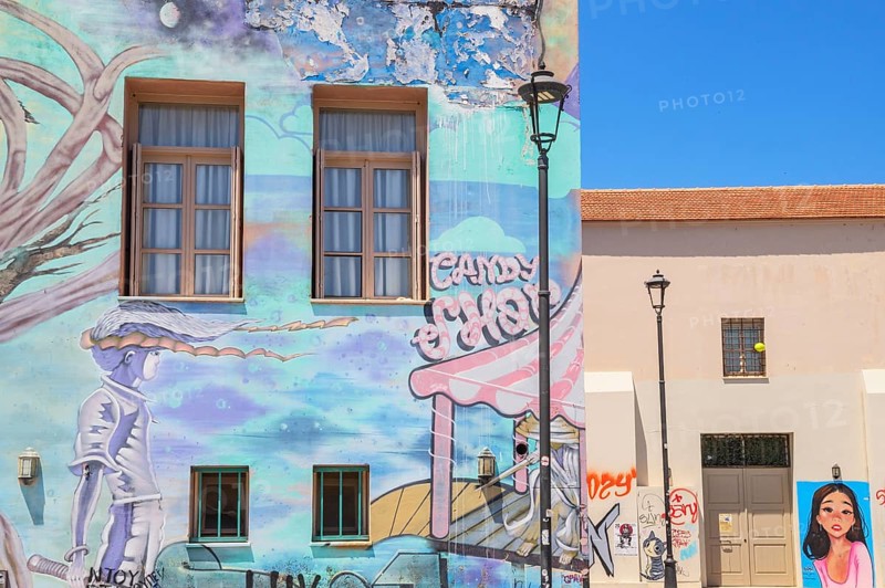 Old house painted with murals, Petychakis square, Rethymno, Crete, Greek Islands, Greece, Europe