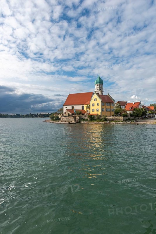 Moated castle, Lake Constance, parish church of St. George, onion dome, water reflection, Bavaria, Germany, Europe