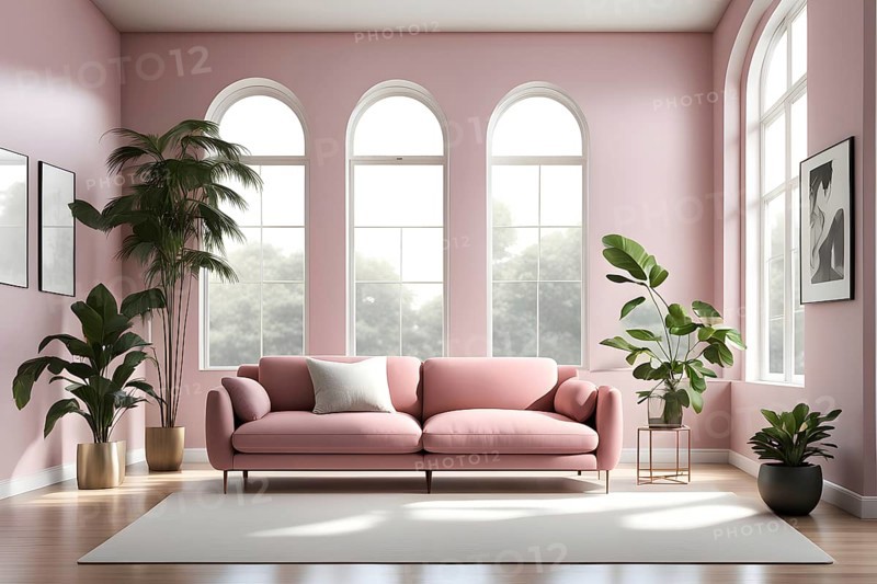 Minimalist living room with clean lines and neutral tones, featuring a modern pink colored sofa, AI generated