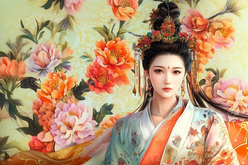 Beautiful Asian woman in front of a chimeric flower tapestry, AI generated