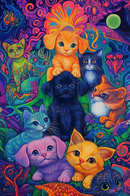 Puppies dogs and cats in a colorful flower setting, AI generated