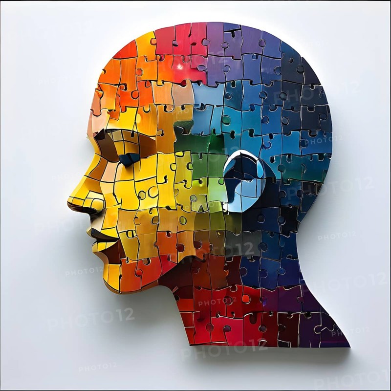 Human head silhouette made from puzzle pieces, isolated on a pure background, AI generated