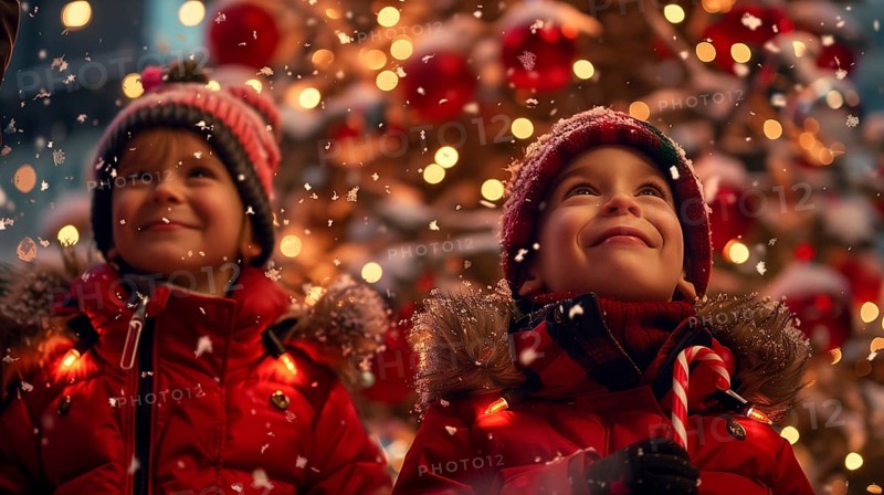 Warmly dressed happy children outside in the evening enjoying the christmas decorations in their town. generative AI., AI generated