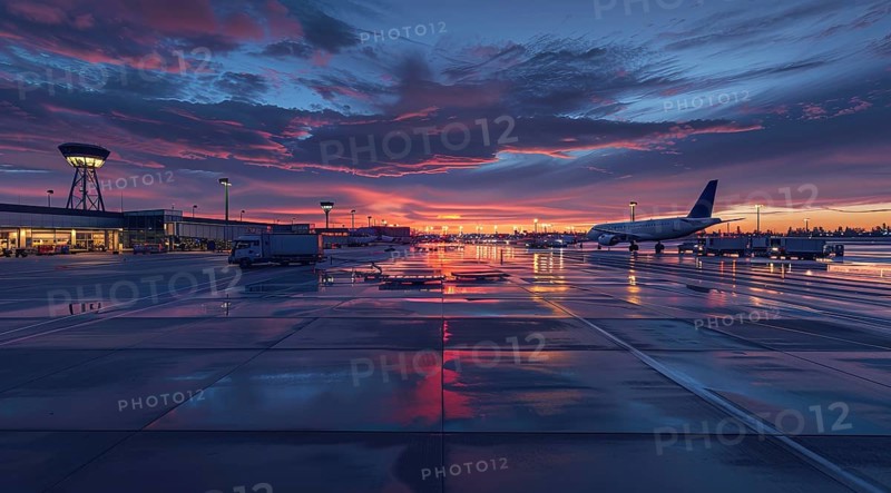 Aerial view international airport terminal, planes departing to multiple international locations., AI generated
