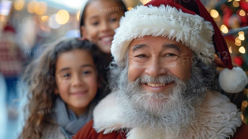 Chinese grandfather wearing A santa hat with children enjoying a christmas afternoon together in town. generative AI., AI generated