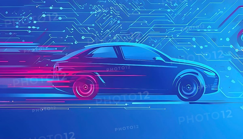 Sport car silhouette with vibrant blue and magenta dynamic lines showing motion, surrounded by data streams, AI generated