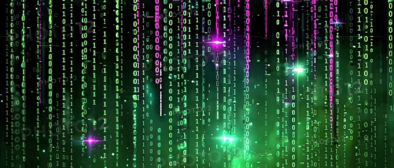 Binary code cascading down like digital rain, representing data insights, vibrant hues, AI generated