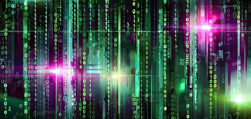 Binary code cascading down like digital rain, representing data insights, vibrant hues, AI generated