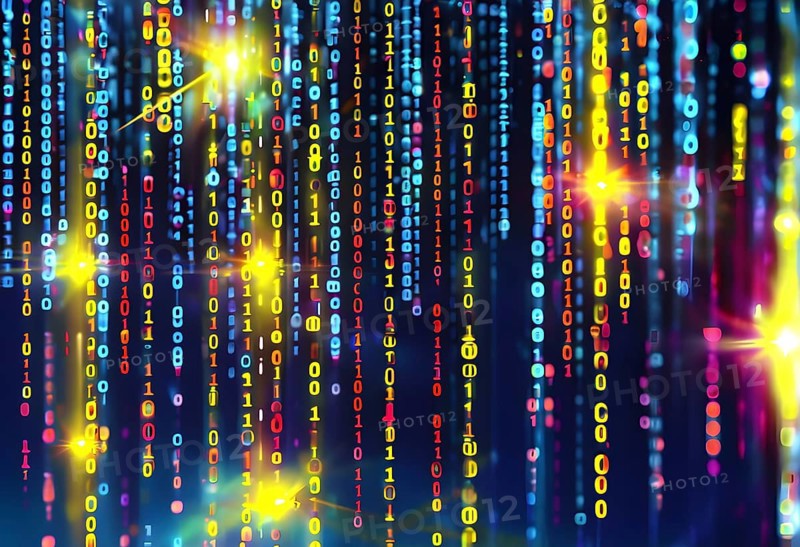 Binary code cascading down like digital rain, representing data insights, vibrant hues, AI generated