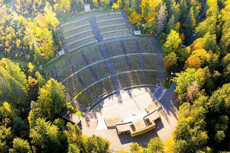 Aerial view of the Waldbühne in Schwarzenberg in the Ore Mountains, Saxony, Germany, Europe