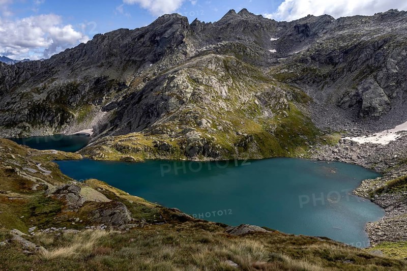 Lago Superiore and Lago di Sassola, behind Ticino mountains, Sambuco valley, Vale Sambuco, near Fusio, Lavizzara, Canton Ticino, Switzerland, Europe