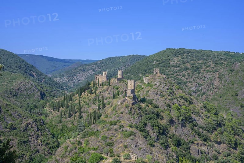 View of the hilltop castles Châteaux de Lastours, Lastours, Département Aude, France from the viewpoint
