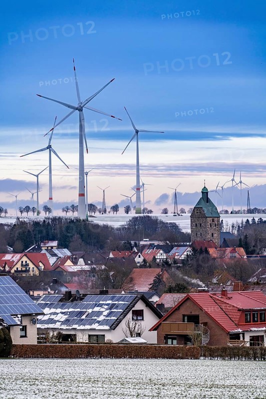 The town of Lichtenau, self-proclaimed energy town, wind farm, over 190 wind turbines and over 1200 solar panels generate 10 times as much electricity as the community of 11, 900 inhabitants consumes, largest onshore cluster of wind turbines in Germany, winter, slightly snow-covered landscape, North Rhine-Westphalia, Germany, Europe