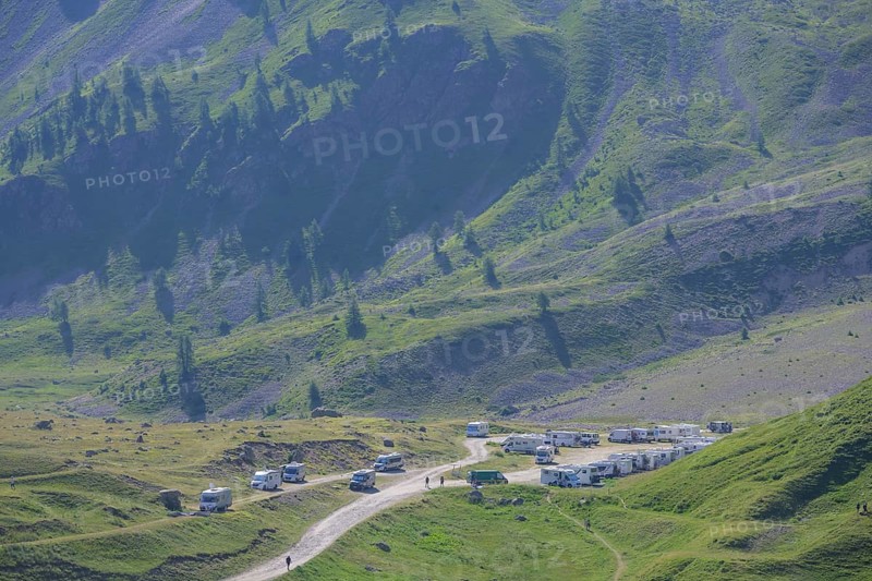 Car park with camper at the Lautaret Pass, Villar-d'Arêne, Département Hautes-Alpes, France, Europe