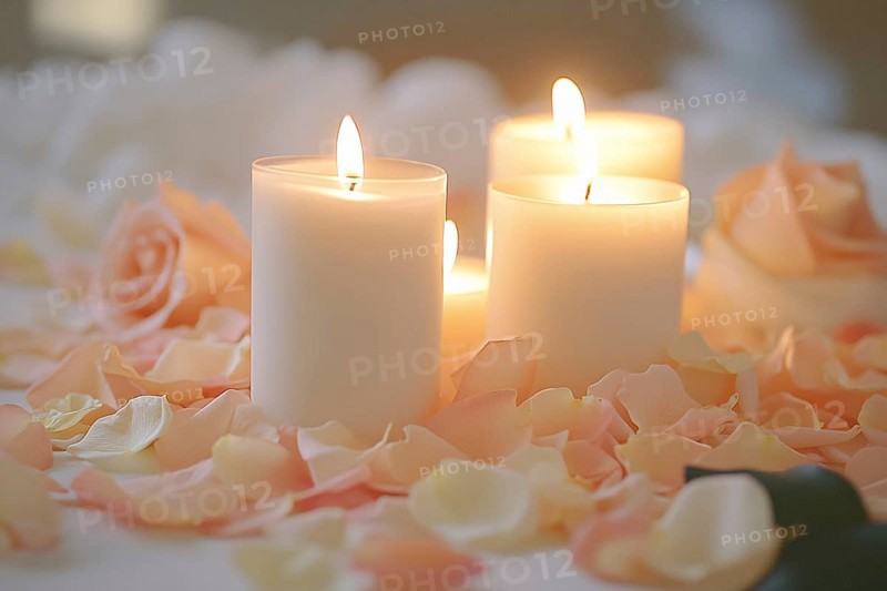 Three burning candles surrounded by rose flower petals on romantic Valentine's day table. Generative AI, AI generated