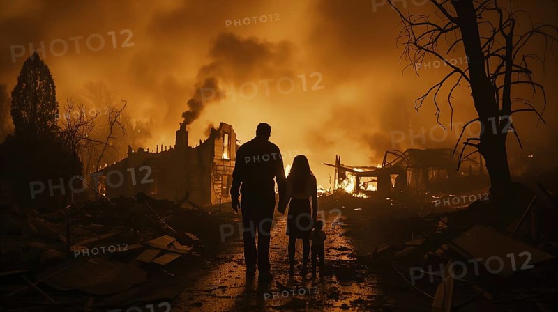 Young family standing stunned gazing at the fire ruins of their home. generative AI, AI generated