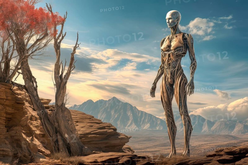 Humanoid in a strange loneliness environment, AI generated