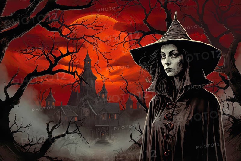 Year 60s and 70s poster with a witch celebrating Halloween under full moon in a forest, AI generated