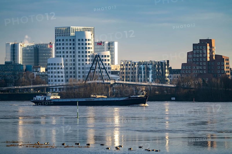 Buildings in Düsseldorf Media Harbour, Gehry buildings, Neuer Zollhof and behind it RWI office building, cargo ship on the Rhine, North Rhine-Westphalia, Germany, Europe