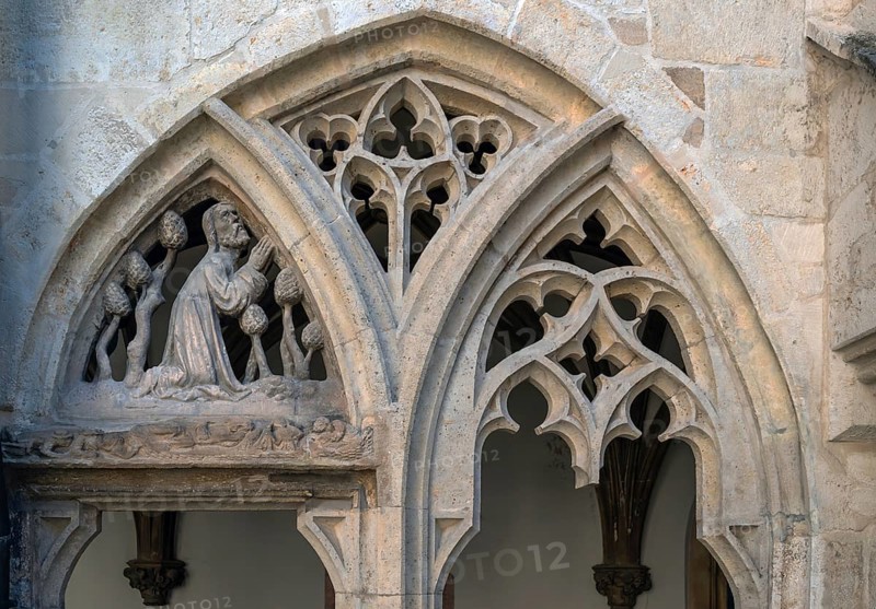 Tracery of a late Gothic window with a figure of Jesus, cloister of the cathedral, Eichstätt, Upper Bavaria, Germany, Europe