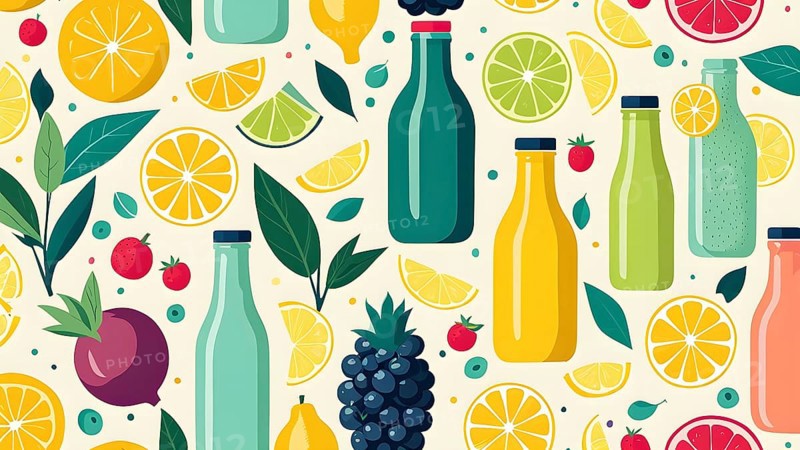 Abstract wallpaper of smoothie surrounded by an assortment of fruits and vegetables, AI generated