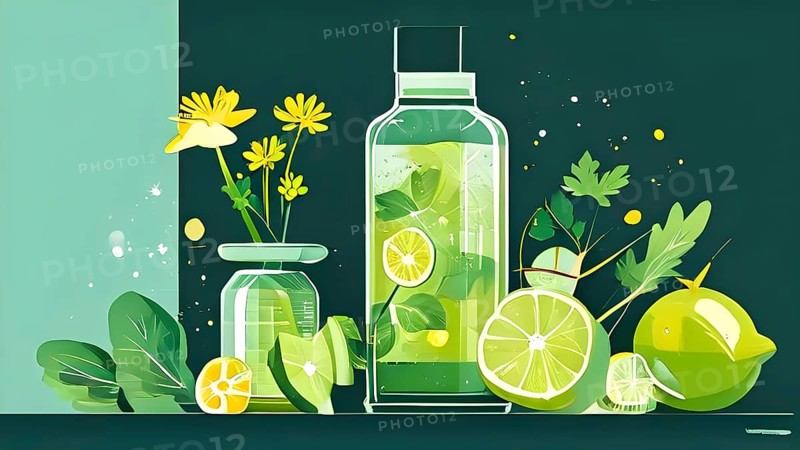Abstract wallpaper composition with bottle of delicious green detox juice and fruits and vegetables, AI generated