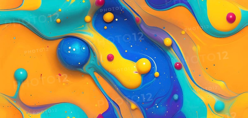 Abstract wallpaper with colorful turquoise and yellow blobs and liquid shapes on a orange background, AI generated