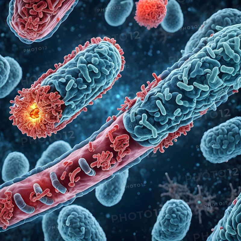 Three dimensional render of a tuberculosis bacteria in an organism, AI generated