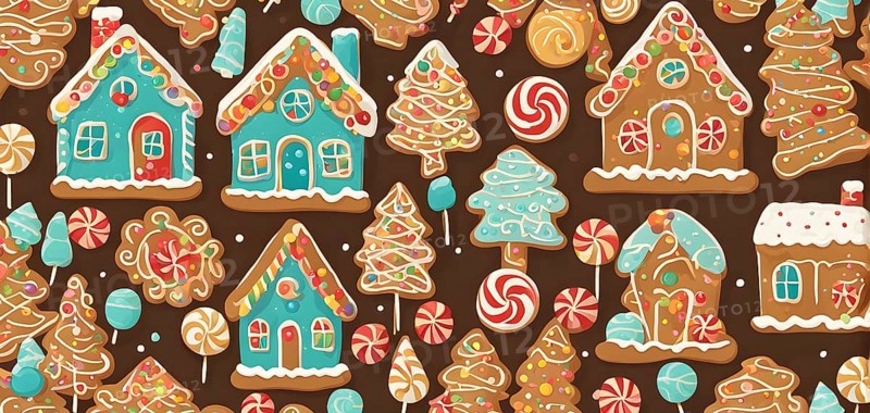 Abstract wallpaper illustration of of gingerbread house decoration, AI generated