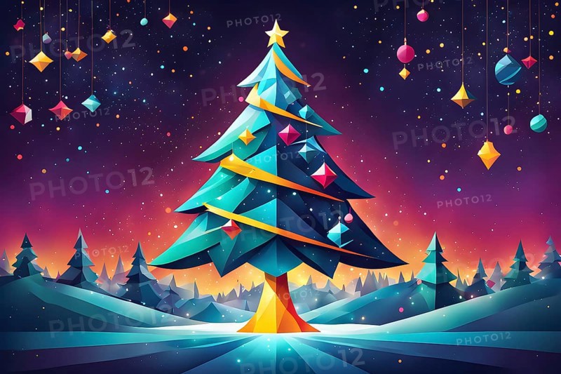 Abstract Christmas tree illustration with vibrant colors and geometric shapes, AI generated