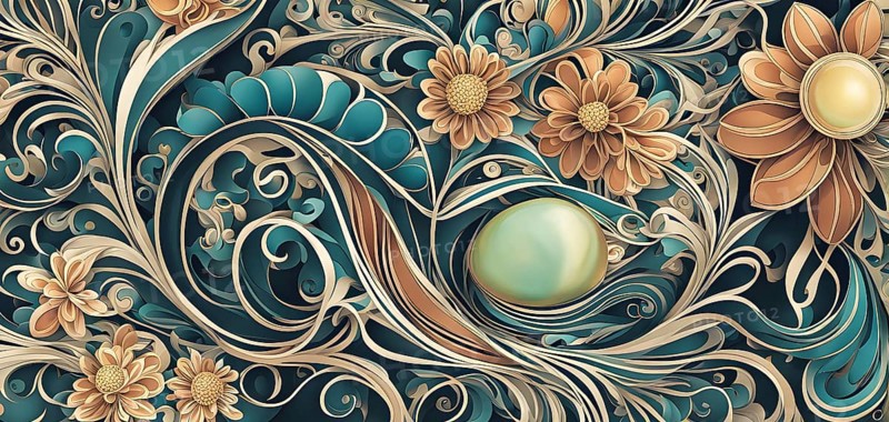 A whimsical abstract pattern with intertwined ribbons, eggs, and floral motifs, with a mix of sharp and soft lines creating depth, AI generated