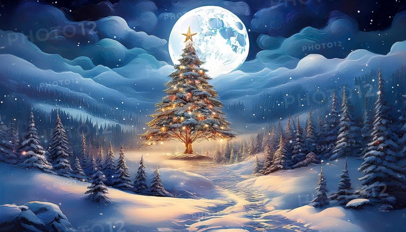 Illustration of a Christmas tree in a snowy landscape on a starry night with a full moon, AI-generated image, AI generated