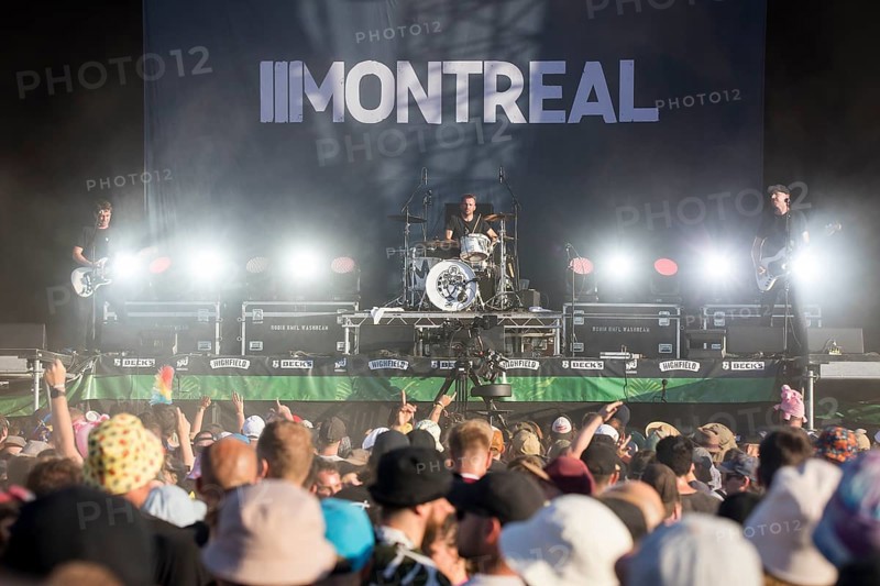 Yonas Farag (bassist), Max Power (Maximilian Seibt, drummer) and Deer (Sebastian Sievers, guitarist) from the band Montreal on the Green Stage at the Highfield Festival on Friday, Störmthaler See, 16/08/2024