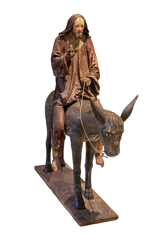 Palm tree donkey, wooden figure from around 1520, on a white background, Diocesan Museum, Rottenburg, Baden-Württemberg, Germany, Europe