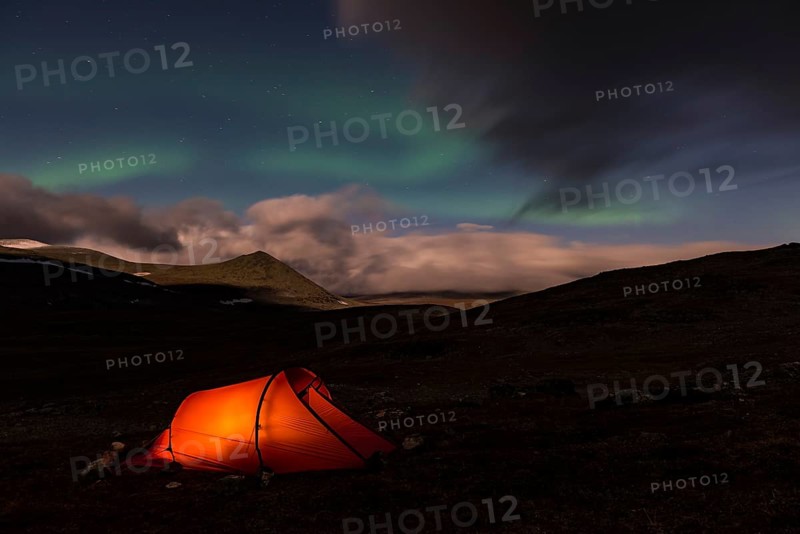 Tent in mountain landscape, Sarek National Park, World Heritage Laponia, Norrbotten, Lapland, Sweden, night shot, lighting, Scandinavia, Europe
