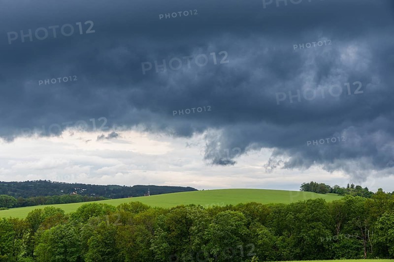 Heavy rain showers and thunderstorms over Possendorf in the Eastern Ore Mountains, Possendorf, Saxony, Germany, Europe