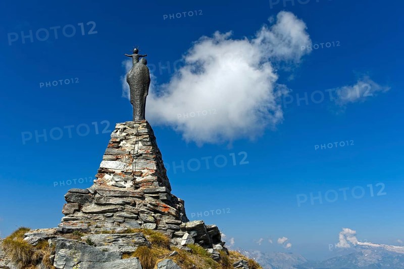 Figure of the Virgin Mary with child on the summit of Mont Noble, Nax, municipality of Mont-Noble, Val d'Hérens, Valais, Switzerland, Europe