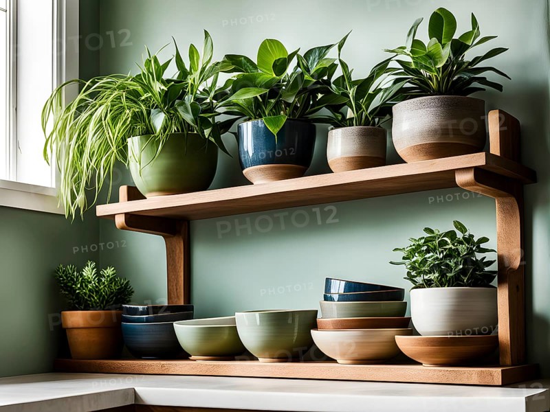 A sunlit kitchen corner, with a rustic wooden shelf holding neatly arranged ceramic bowls and a single, vibrant green houseplant, AI generated