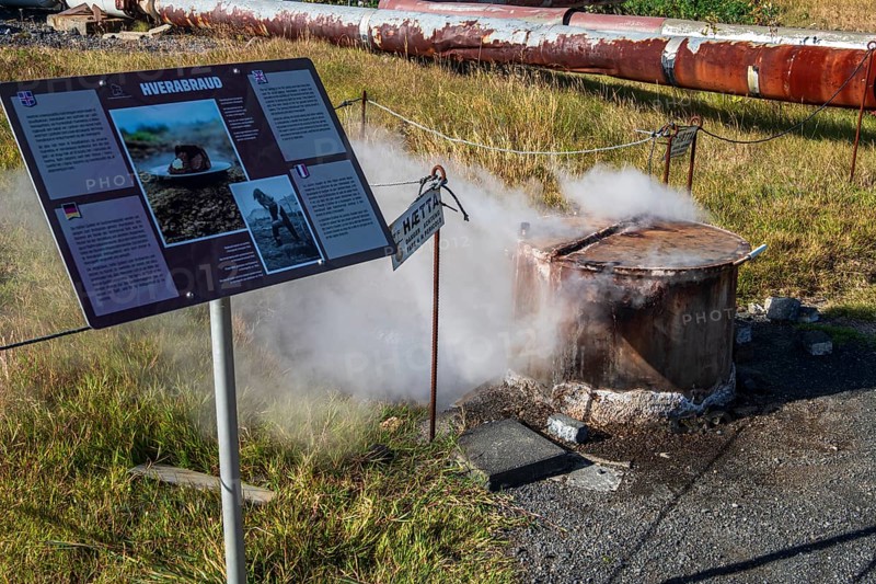 Geothermal park, steaming hot water used for baking bread, hot steam bread (Hverabraud), Hveragerdi, Iceland, Europe