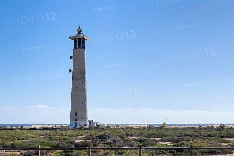 Lighthouse Faro Morro Jable at southeast coast of peninsula Jandia of Fuerteventura at coast of east Atlantic, Morro Jable, Fuerteventura, Canary Islands, Spain, Europe