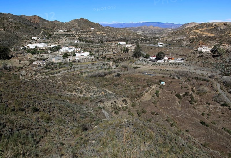Landscape and small village Rambla Honda, in Sierra Alhamilla mountains, near Nijar, Almeria, Spain, Europe