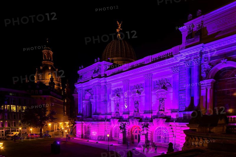 Building of the new Saxon Art Association on Georg Treu Platz, illuminated in colour. With Church of Our Lady, lemon press and Fama, Dresden, Saxony, Germany, Europe