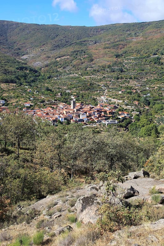 Looking down on rooftops of nucleated village Garganta la Olla, La Vera, Extremadura, Spain, Europe
