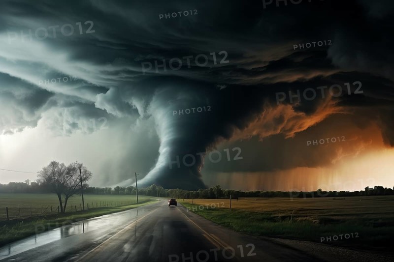 Disaster catastrophe storm concept, tornado in a field in the USA with car on road driving towards the storm in field under stormy dark sky, AI generated