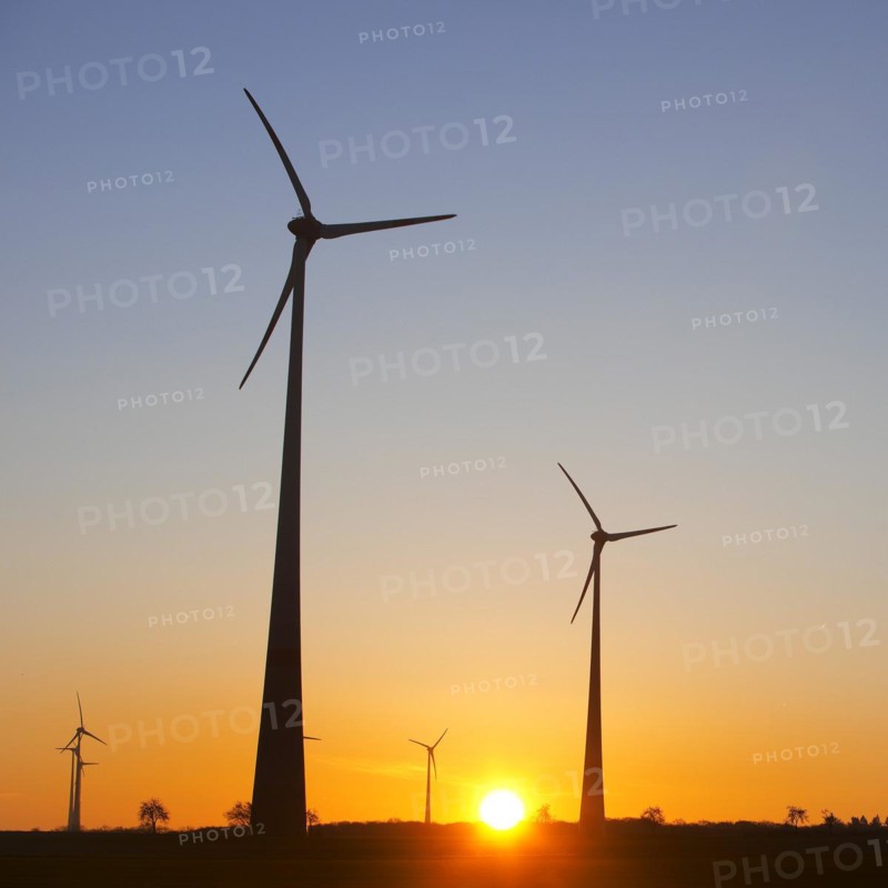 Wind turbines at sunrise, Wevelsburg wind farm, Büren, Paderborn plateau, North Rhine-Westphalia, Germany, Europe