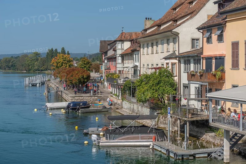 Waterfront promenade with jetties, restaurant, Stein am Rhein, Canton Schaffhausen, Switzerland, Europe