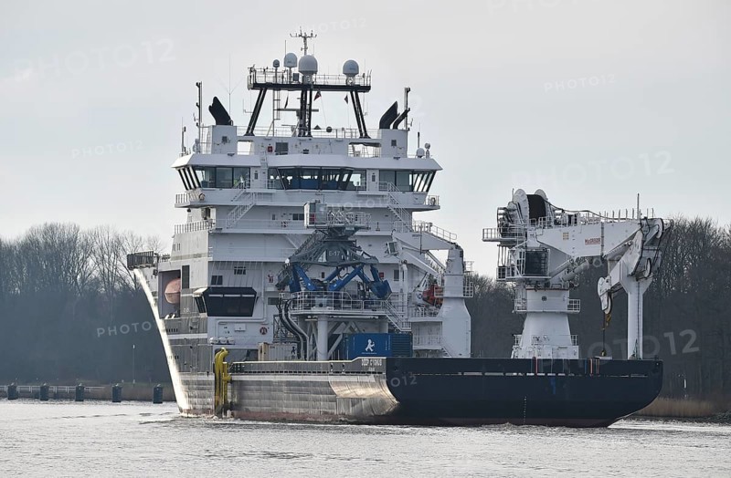 Offshore wind farm supply ship Deep Cygnus in the Kiel Canal, Schleswig-Holstein, Germany, Europe