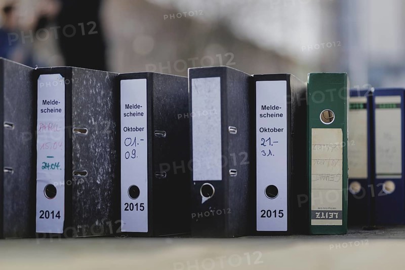 File folders stand in front of the Federal Chancellery as part of a protest action by the German Confederation of Skilled Crafts in Berlin, 26 February 2024. The German Confederation of Skilled Crafts demonstrates against the economic policy of the Federal Government as well as the high level of bureaucracy and the improvement of location conditions