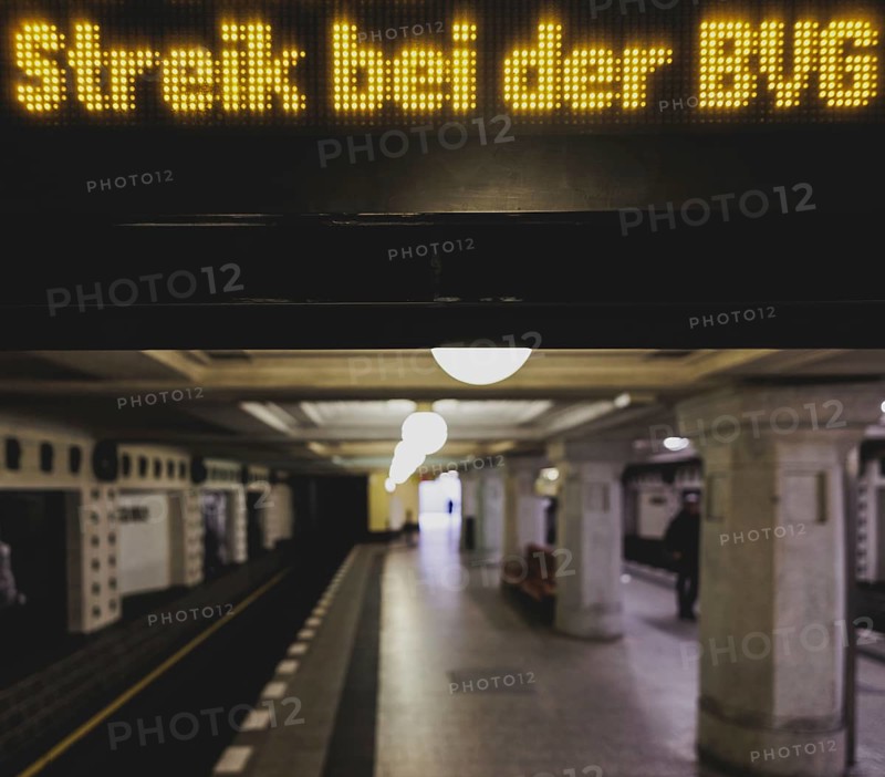 The announcement of a BVG strike is displayed on a display board at Rüdesheimer Platz underground station in Berlin, 27 February 2024. The Berlin public transport company (BVG) has announced strikes for Thursday and Friday